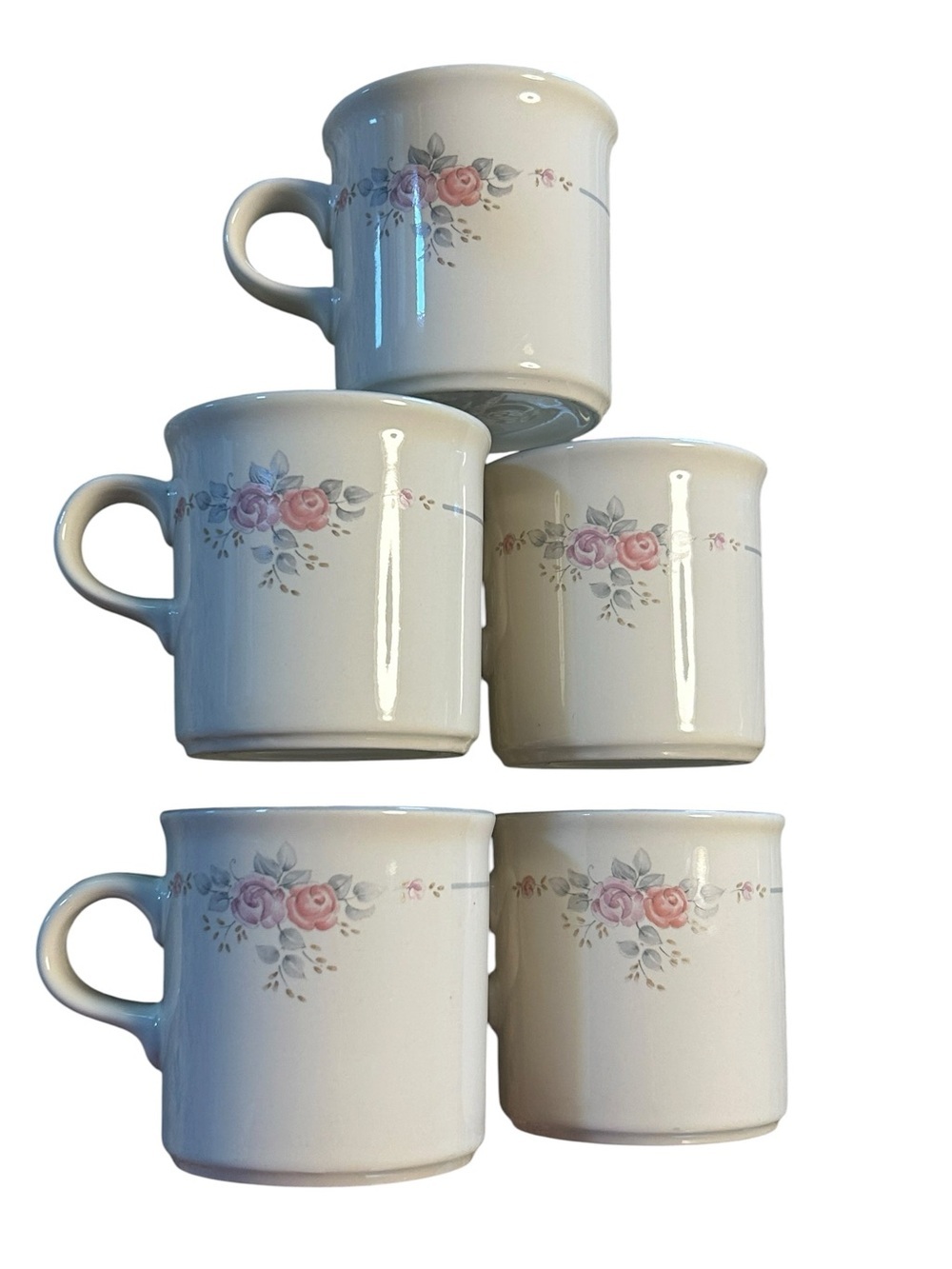 Vintage Pfaltzgraff 5-PC Floral Ceramic Coffee Mugs with Pink Rose Pattern